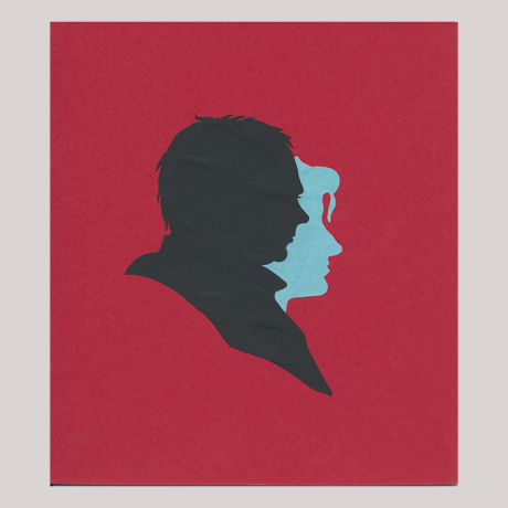 
        Front of silhouette, with man close-up and a woman in the background (half face is visible of the woman) both are looking right.